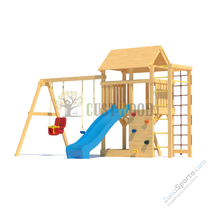 Детская деревянная игровая площадка для улицы дачи CustWood Scout S4+ с большой деревянной крышей